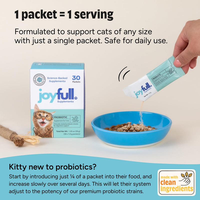 Joyfull Probiotic for Cats – Clinically Proven Strains for Diarrhea & Digestive Support – 30 Daily Packets with Beef Bone Broth