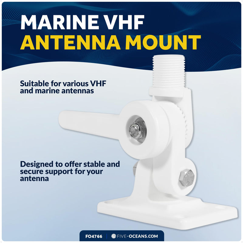 Five Oceans Marine VHF Antenna Mount, Folding Antenna Mount with Adjustable Ratchet, Fits All Standard 1-inch Marine Antennas, White Nylon - FO4766
