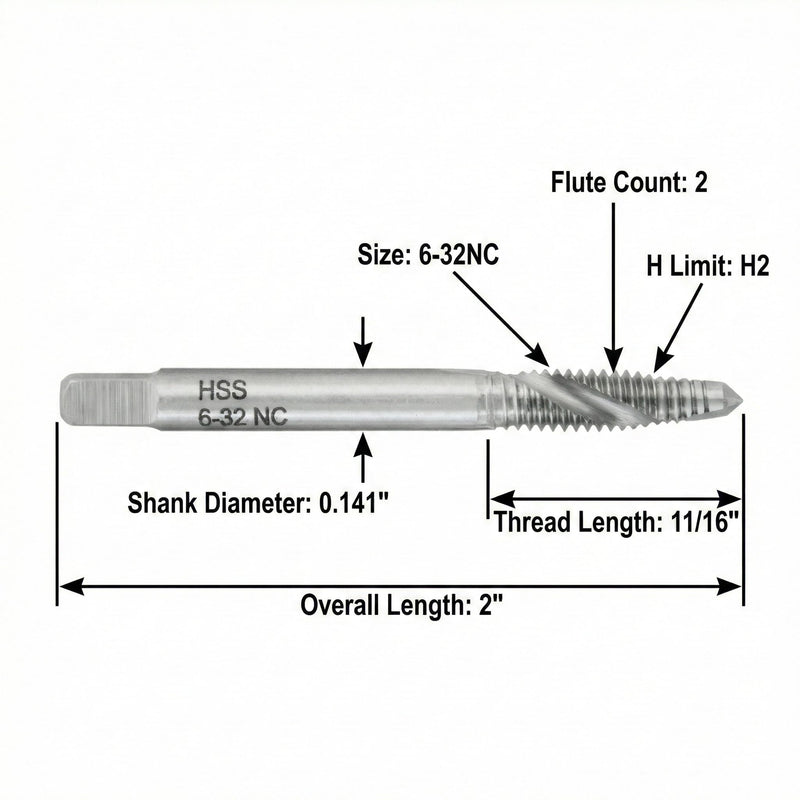 Accusize Industrial Tools 10 Pc 6-32Nc, 2 Flute, H.S.S. Spiral Point Taps, A.N.S.I. Standard, Ground, Spt-6-32x10 | ANSI Ground Plug Tap, Right-Hand Cut, Bright Finish, 2 in OAL, 11/16 in Thread Length, SPT-6-32x10