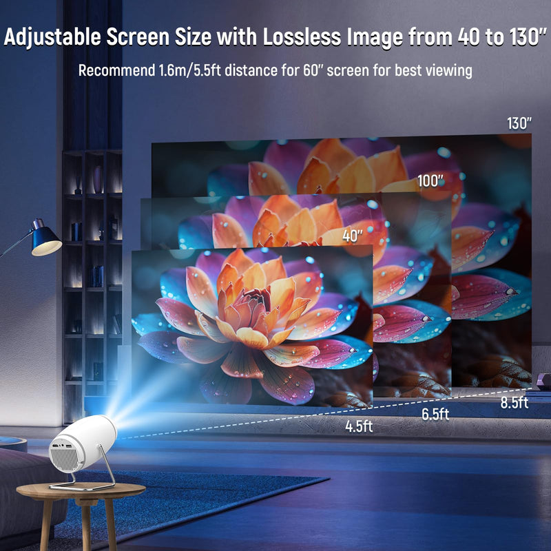 Mini Projector, Projector with WiFi and Bluetooth, 4K 1080P Support Portable Projector 180° Rotatable 130'' Screen Movie Projector Auto Keystone Compatible with HDMI/USB/TV Stick/Smartphone/Laptop White