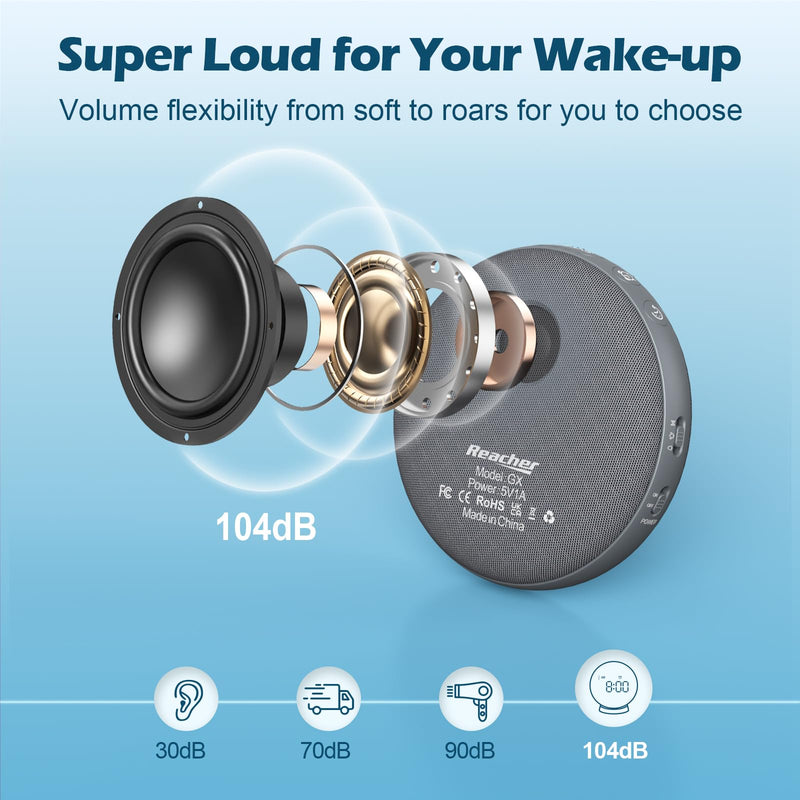 REACHER Super Loud Alarm Clock for Heavy Sleepers Adults Teens, Vibrating Alarm Clock Bed Shaker Under Pillow, Rechargeable Battery Powered for Travel, Auto-Dim, Portable