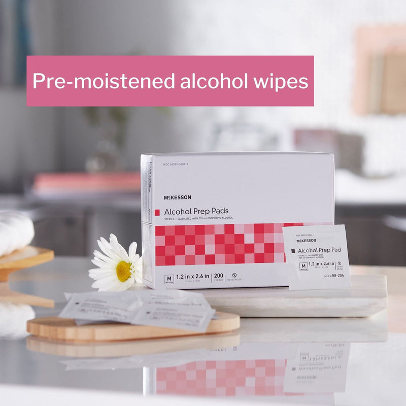 McKesson Alcohol Prep Pads [Pack of 200] 70% Isopropyl, Individually Wrapped Wipes, Sterile, Medical-Grade, First Aid, Medium 1 Count (Pack of 200)