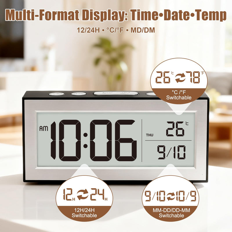 ALANAS Battery Operated Alarm Clock, Portable Digital Clock with Large Display, Snooze, Temperature & Date, Auto-Dim Night Light for Easy Reading, Ideal for Seniors, Kids, Bedroom, Travel, Nightstand Black