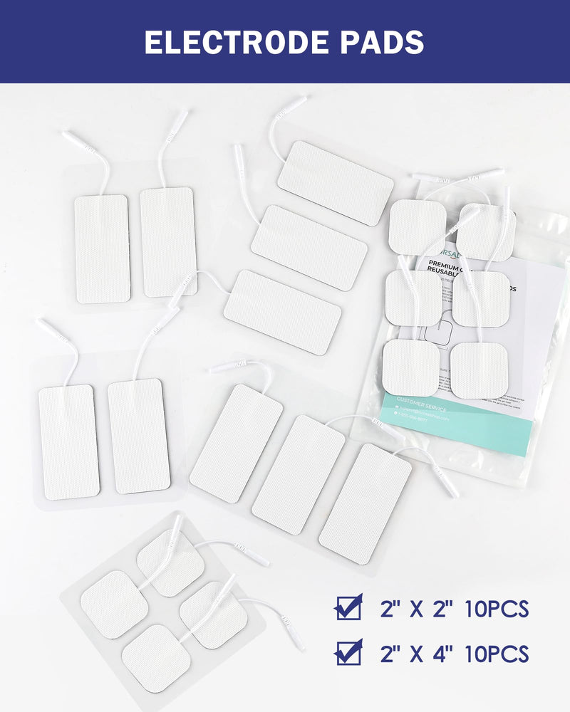 TENS Unit Replacement Pads, Nursal Reusable Self-Adhesive Electrodes Pads 20 Packs 2x2” 2x4”, Latex Free Pigtail TENS Pads, Compatible with TENS 7000, AUVON TENS, Etekcity, Nicwell Care Tens