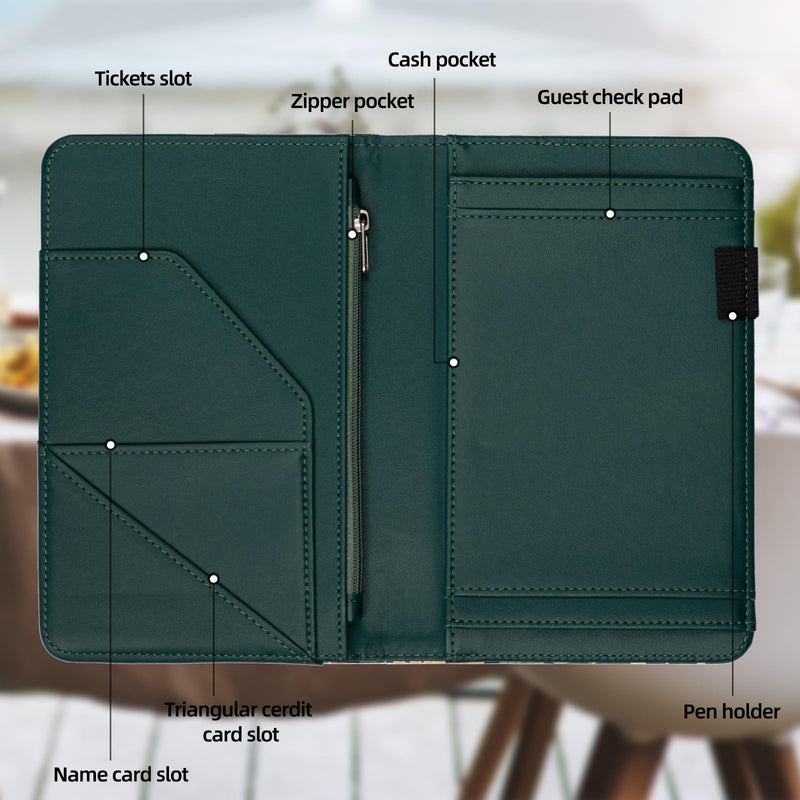 Server Book, Waitress Book,Cute Server Books for Waitress/Waiter with Zipper Pocket Cute Waitress Book Organizer Checkbook Mushroom Cover 8x5 Inch Green Mushroom