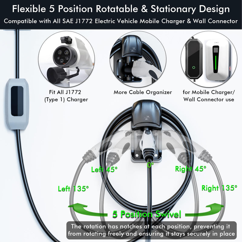 EV Charger Holder, Swivel Electric Car Charger Wall Mount, Garage or Tight Space Use, Not Stick Out, Keep 25ft Cord Off Floor, J1772 Charging Cable Organizer Hanger J1772-308