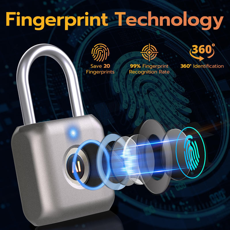 Pothunder Fingerprint Smart Padlock Lock, Biometric Metal Keyless Thumbprint Lock, Waterproof, USB Rechargeable, for Gym Locker, School Locker, Luggage, Backpack, Suitcase(Gray) Gold
