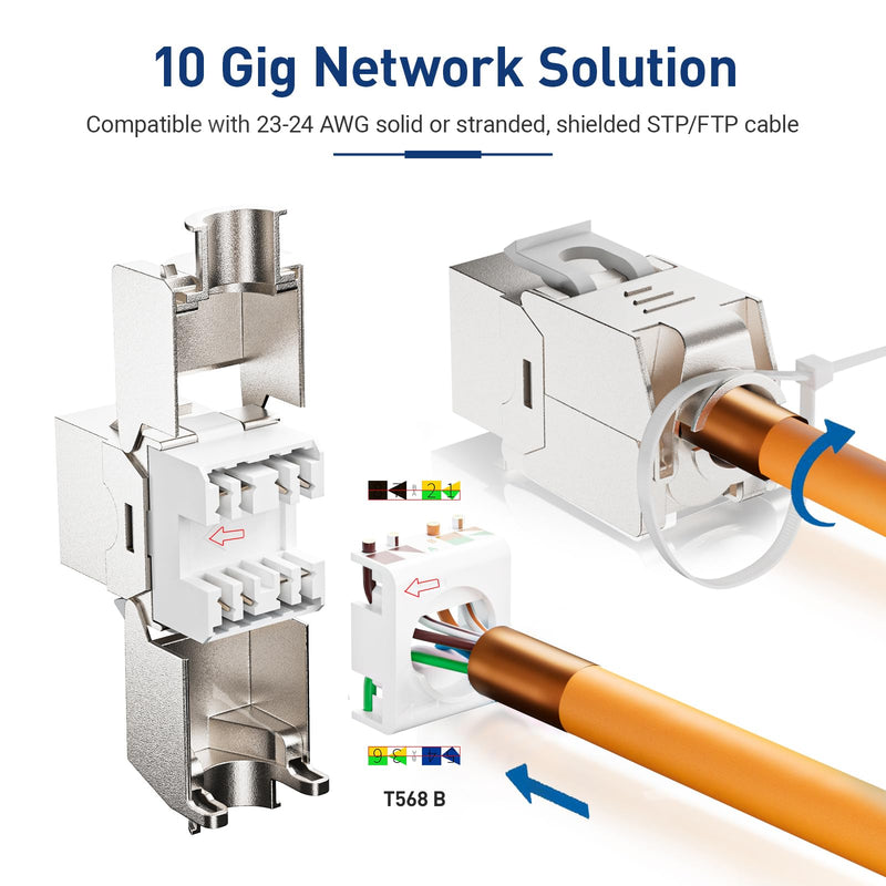 Cat 7 Cat 6A Shielded RJ45 Keystone Jack 12-Pack, 10G Ethernet Keystone Jack Toolless Zinc Alloy Module Jacks for 22 to 26 AWG Solid or Stranded S/FTP Ethernet Cable