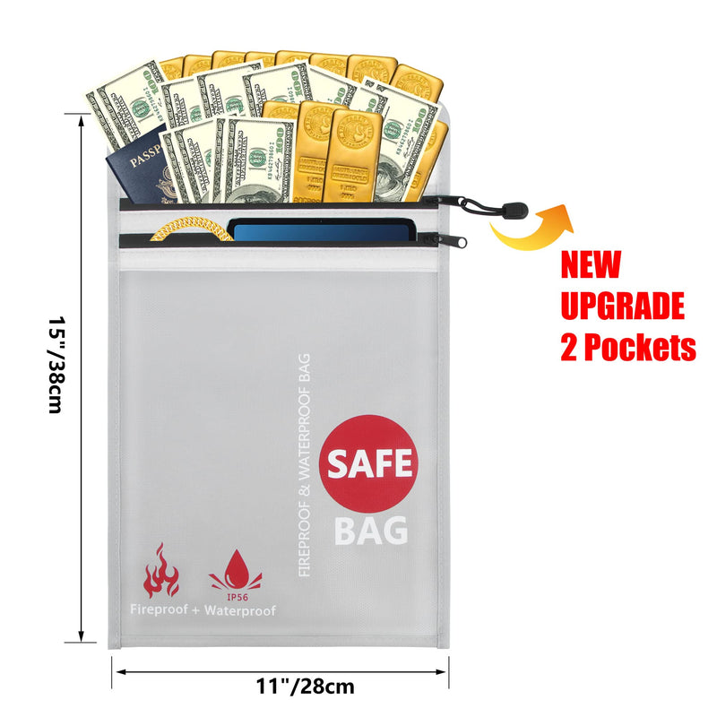 Fireproof Document Bag (2000℉) Upgraded 2 Pockets, GEMEK 15”x 11” Fireproof and Waterproof Money Bag Fireproof Safe Storage for Money, Documents, Jewelry and Passport (Silver - 2 Zipper) Silver - 2 Zipper