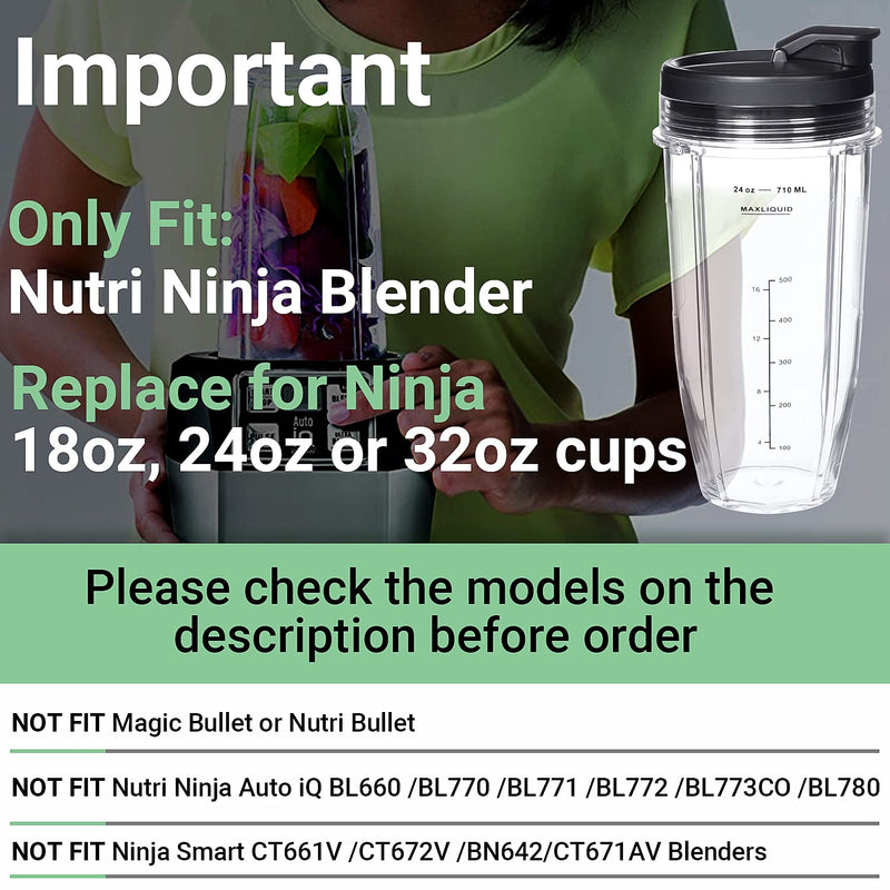 Replacement 24oz Blender Cup For Ninja BN401 BN751 BN801 BN800 BL450 BL456 BL480 Foodi SS401 SS101 TWISTi SS151 SS351 Cups Nutri Ninja Auto IQ Parts Lids Upgraded (2 Pack)