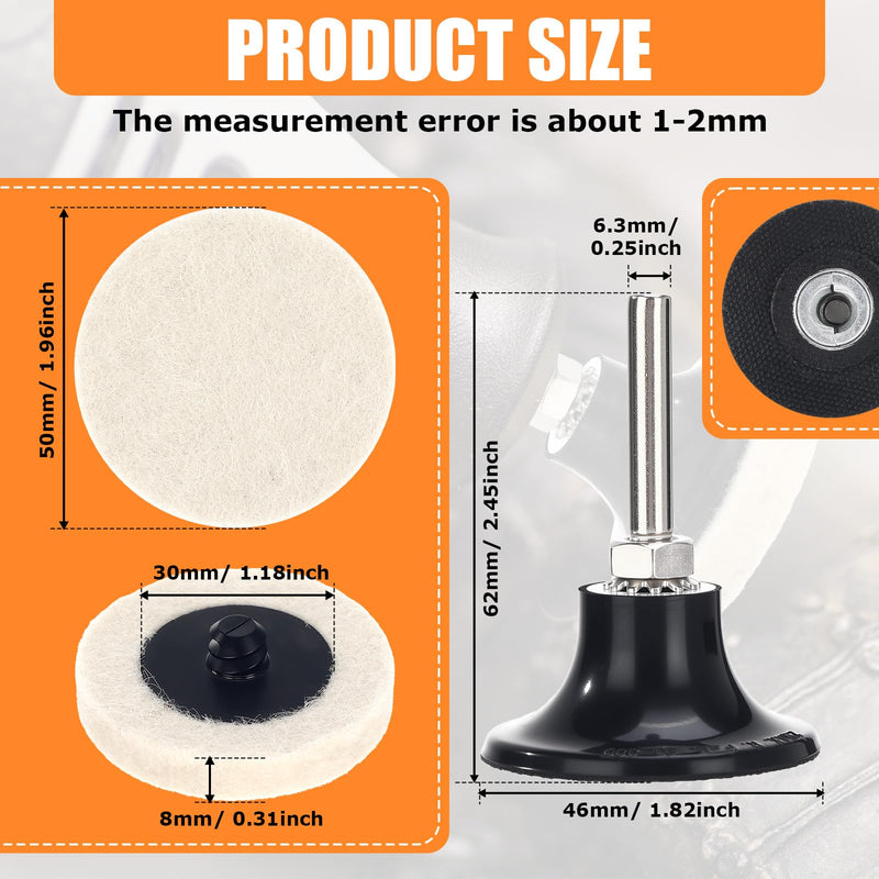 100 Pcs 2 Inch Wool Polishing Wheel Buffing Pads for Drill 1/4" Shank Pads Commpressed Wool Fabric Qc Disc Polishing Buffing Pad Wheels and 1 Pcs Disc Pad Holder for Cleaning Sanding