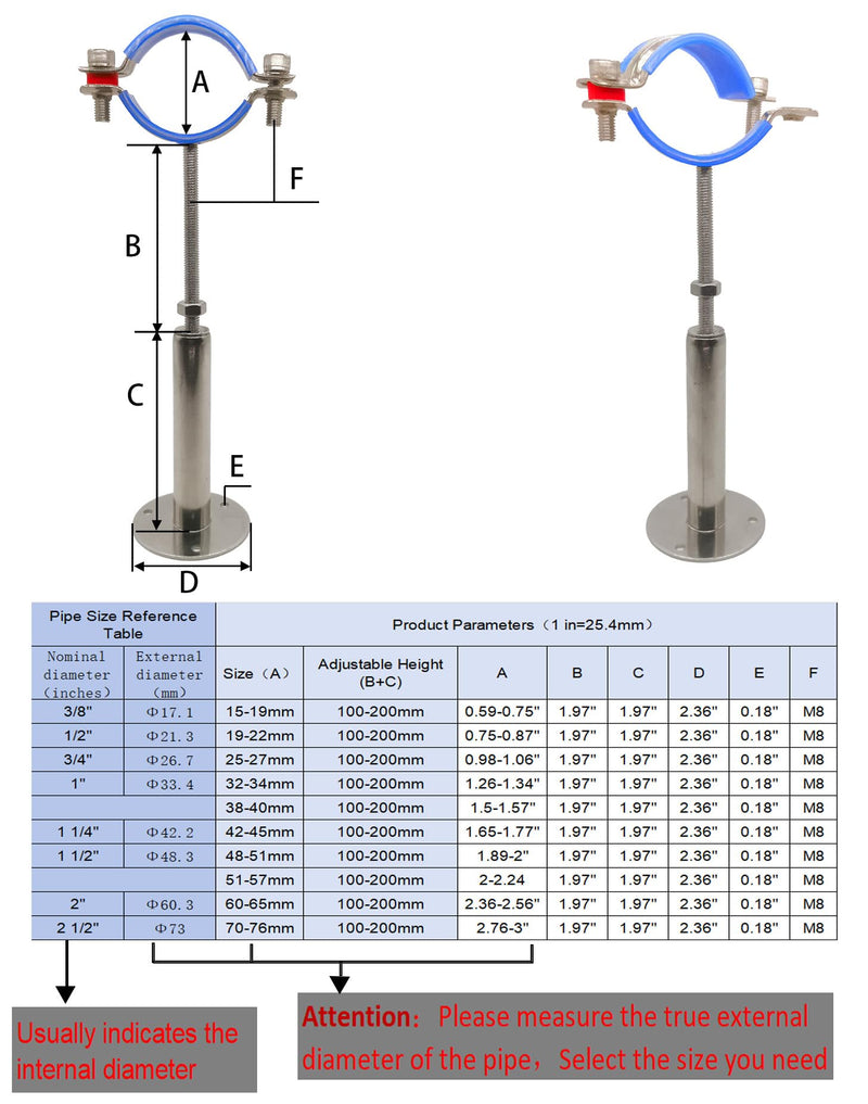 Wall Mount Ceiling Mount Pipe Supports,Adjustable Pipe Clamps Stainless Steel 304,2PCS Suitable for Pipe OD 25-27mm （3/4" Pipe）Adjustable Height 100-200mm Adjustable Height 100-200mm