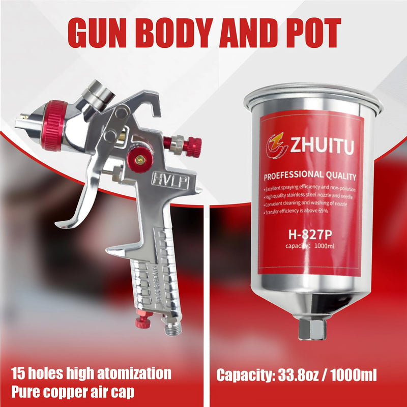 HVLP Air Spray Gun with 1.4/1.7/2mm Nozzles Air Compressor Regulator Paint Gun Kit 1000cc Capacity Cup Air Spray Paint Gun for Car Primer Painting,Furniture Spraying,Wall Painting,Base Coatings