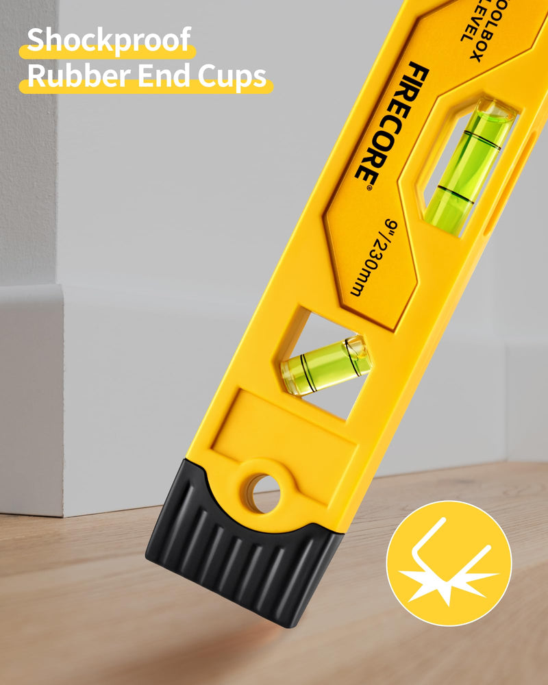 Torpedo Level Magnetic, Firecore 9 Inch Shockproof Small Leveler Tool with 3 Bubble Spirit Level 45 90 180 Degree, Construction Levelers for Hanging Pictures Install Shelf Home Renovation 1pcs 9“ level