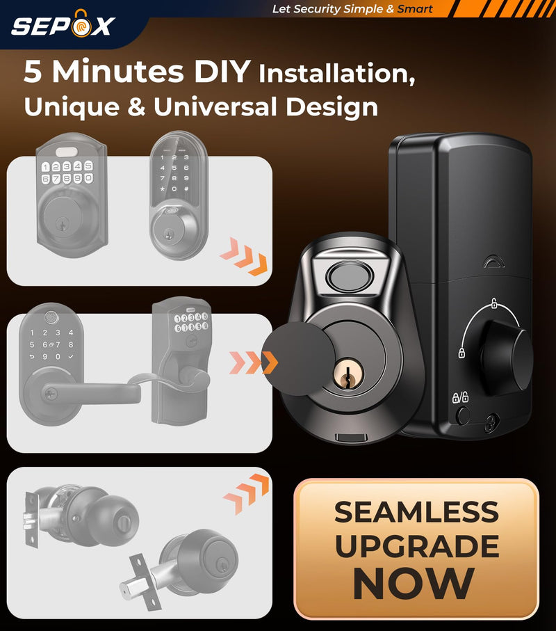 SEPOX® Smart Deadbolt Door Lock, 5-in-1 Keyless Entry (Fingerprint, Bluetooth, WiFi, Tuya APP, Key) Auto Lock/Unlock, Front Gate & Bedroom Compitable, Upgrade Lever & Knob, Unique & Universal Design Matt-Gun-Black 1 Piece
