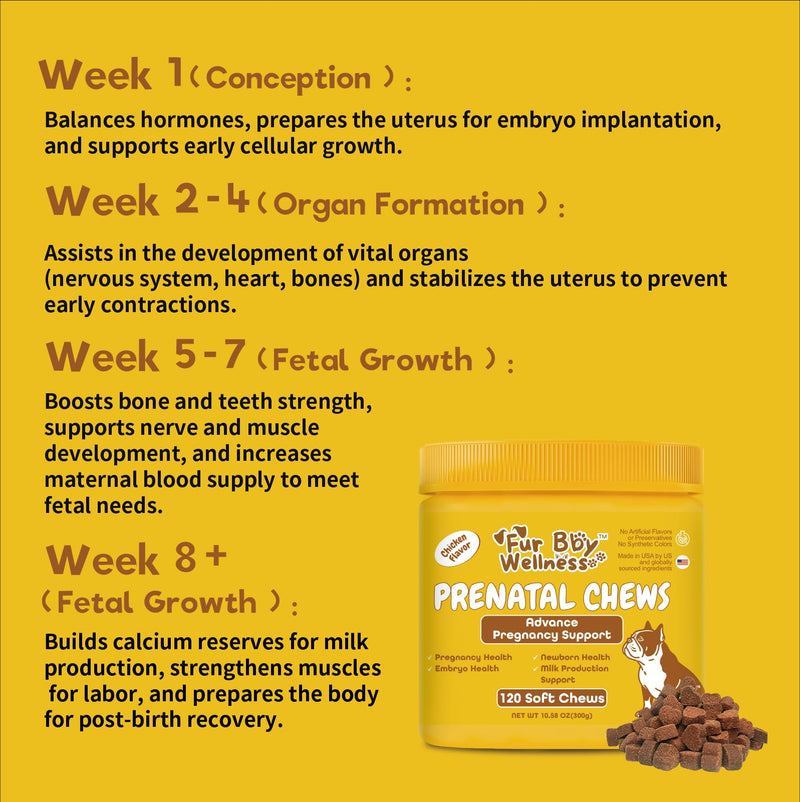 Dog Prenatal Vitamins for Pregnant & Nursing Dogs - Supports Healthy Pregnancy, Puppy Growth & Lactation - with Folic Acid, Iron & Calcium - 120 Soft Chews