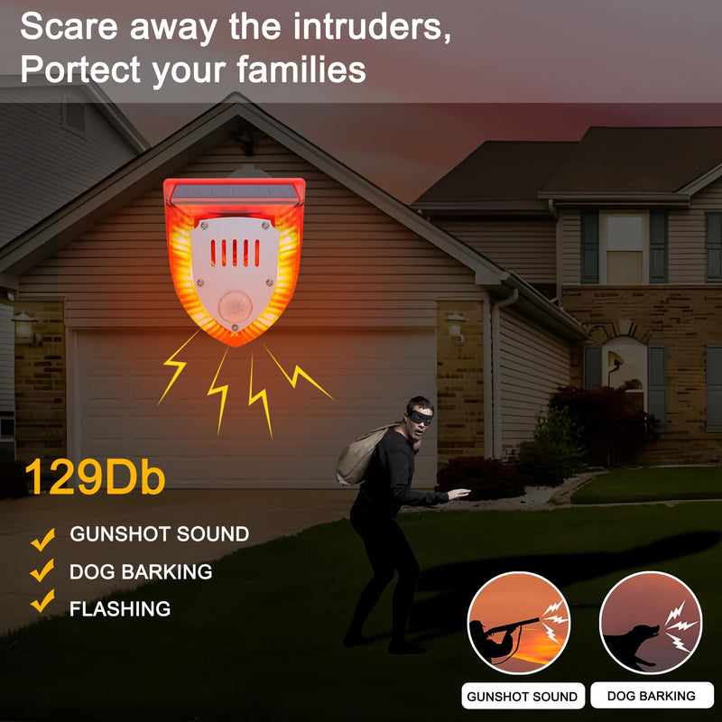 Solar Outdoor Motion Sensor Alarm - Dog Barking&Gunshot Sound 129db, Light Strobe Light Warning Lamp with USB, Motion Detector Noise Maker Warning Lamp for Home, Villa, Farm, Barn, Yard (2 Pack) Induction & Dog Gun 2PCS