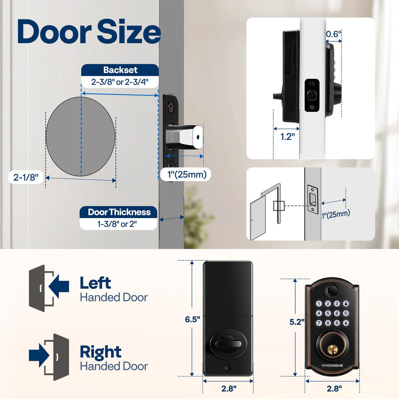 VIVOHOME Keyless Entry Door Lock with Fingerprint, Electronic Keypad Deadbolt for Front Door, Auto Lock, 2 Keys, Easy Installation Basic