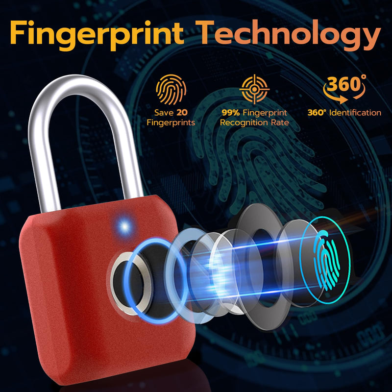 Pothunder Fingerprint Padlock, Smart Metal Keyless Fingerprint Lock, Waterproof, USB Rechargeable, for Gym, School, Luggage, Backpack, Suitcase, Red