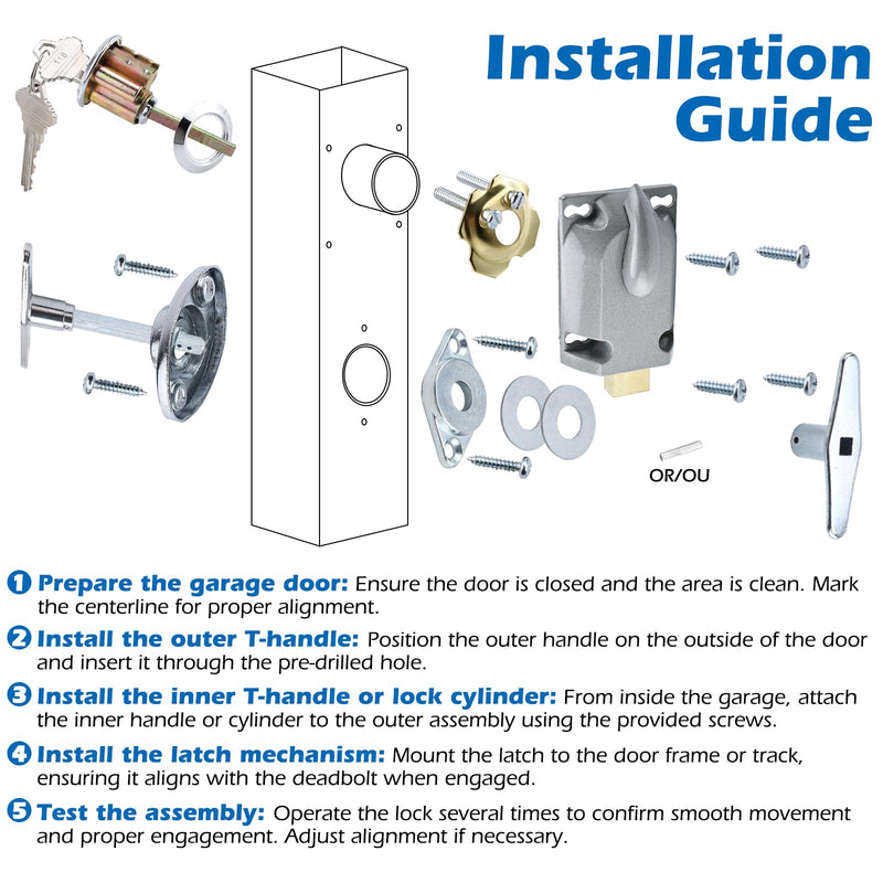 Garage Door Lock Set with T Handle, Center Mount Deadbolt Lock with Keyed Cylinder, Complete Installation Kit for Most Garage Doors Up to 2-1/2" Thick