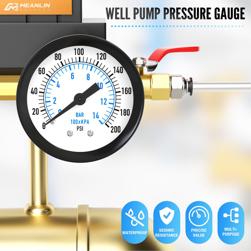 MEANLIN MEASURE 5PCS 0~200Psi Well Pump Pressure Gauge 1/4" NPT 2" FACE DIAL with Teflon Tape for Water Oil Air Well Pump Tank Tire Pressure Test Center Back Mount 0~200Psi/5PCS 1/4"NPT Back Mount