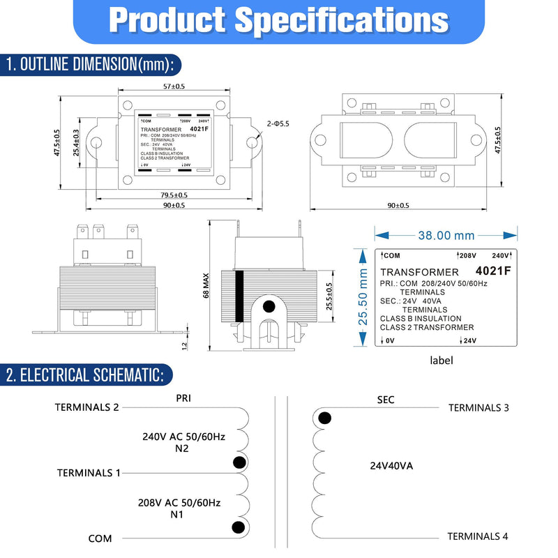 24V Transformer, Primary 208V 240V, Secondary 24V, 0130M00138S 208V 240V to 24V Transformer, HVAC Furnace Transformer with Foot Mount, 40VA Transformers Compatible with Goodman/Amana/Trane