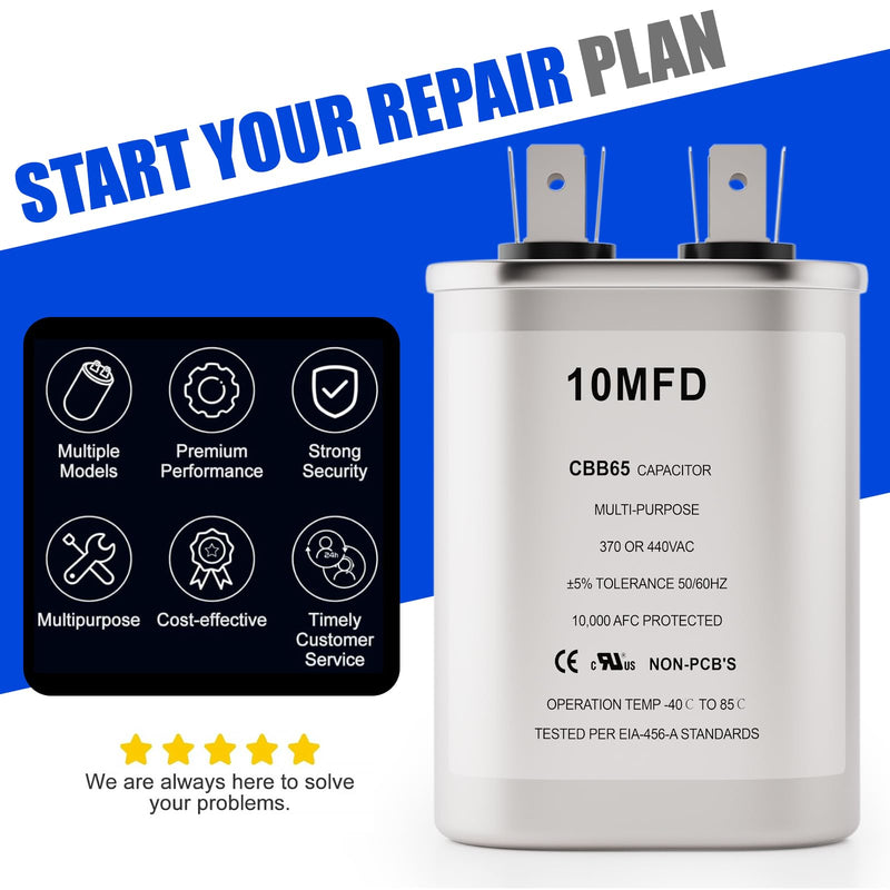 10 uF/MFD Capacitor for AC, 370 or 440 VAC CBB65 Dual Run Oval Capacitors for AC Motor Run, Fan Start, Condenser Straight Cool, Heat Pump, Air Conditioner, and Pool Pump (Oval) 10 MFD