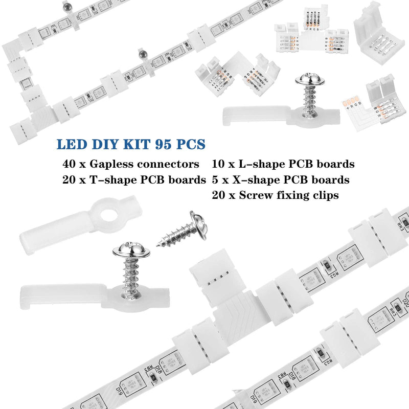 Mudder 95 Pieces 4 Pin LED Light Strip Connectors Set Including Screw Clips, 4 Pin LED Connectors, Cuttable T, L and X Shape PCB Board for SMD 5050 10 mm RGB Strip Lights Gapless Connector