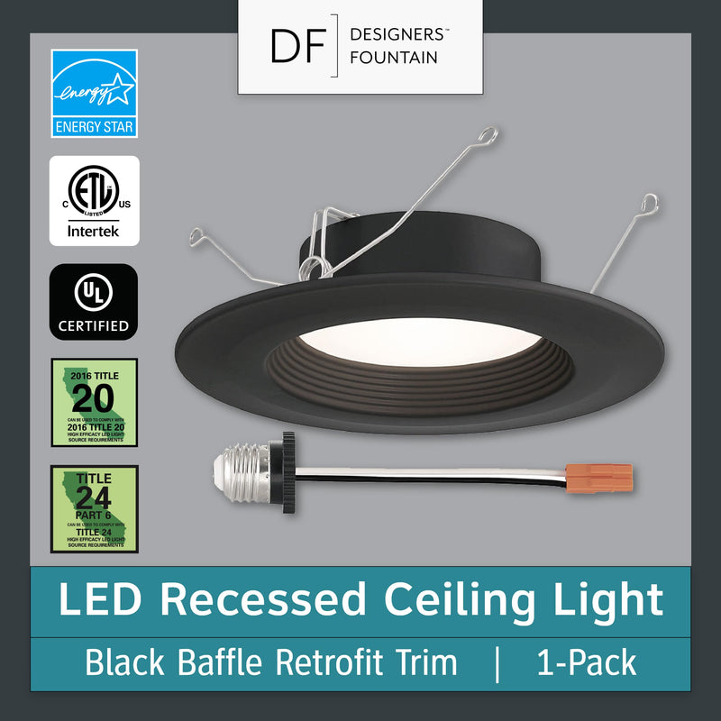 DESIGNERS FOUNTAIN Led Recessed Ceiling Light, 5/6 Inch 5CCT Downlight Metal Lighting Fixture, Dimmable, 1000 Lumens, 2700K/3000K/3500K/4000K/5000K, Bronze Baffle Trim, EVL61093T50BZ Bronze Baffle Retrofit Trim 5/6 inches