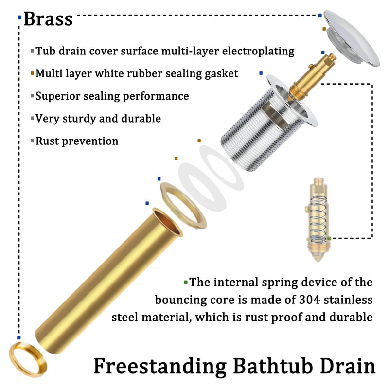 Free Standing Tub Drain Kit, Freestanding Tub Drain, Pop-Up Freestanding Bathtub Drain Stopper, Compatible with Freestanding Bathtub Drain Rough-in Kit (Chrome) Chrome
