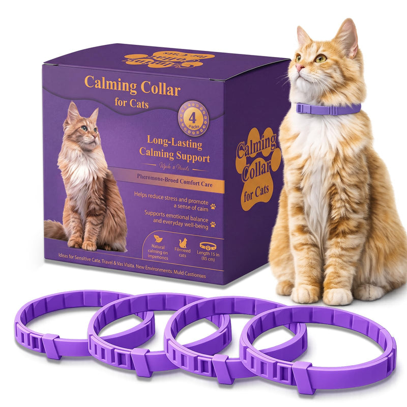 Calming Collars for Cats 4 Pack – Long-Lasting Pheromone Support for Anxiety & Stress – Secure Anti-Slip, Durable & Adjustable 15″ Design – Ideal for Multi-Cat Homes & Introducing New Pets 4 Packs