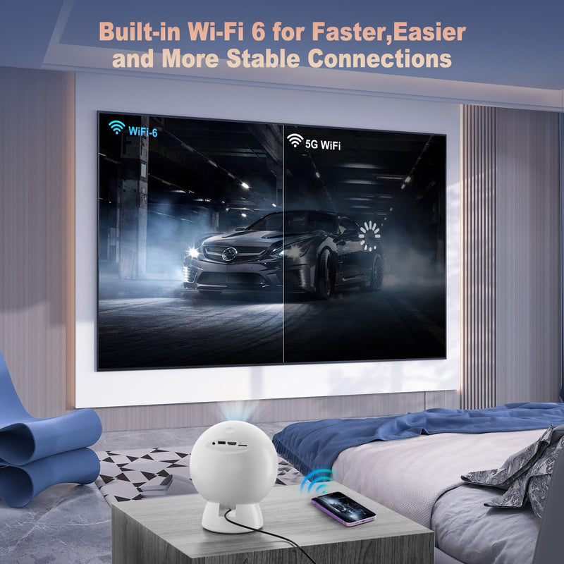 Mini projector，Smart Projector with Wifi and Bluetooth，Auto Focus，Built-in Android System,HiFi Speaker，Support 4k 1080HD Decoding ，Portable Projector Ideal for Home Outdoor Meetings