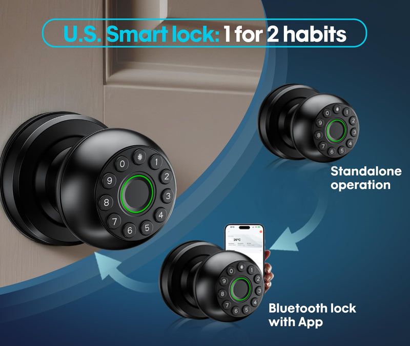 Pulido Fingerprint Door Lock | App Available But Not Required | Keypad Door Knob with Real Buttons | Smart Fingerprint Door Knob for Bedroom, Office, and Apartment FQ1