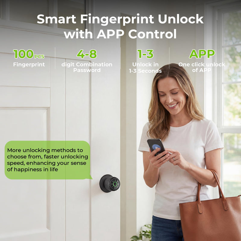 Smart Fingerprint Password Door Lock, Biometric Keyboard Door Knob Support 15M App Control & Auto Lock, 4-in-1 Rechargeable Door Lock with 2Keys for Home Office Apartment (Diameter 2.28"), Black
