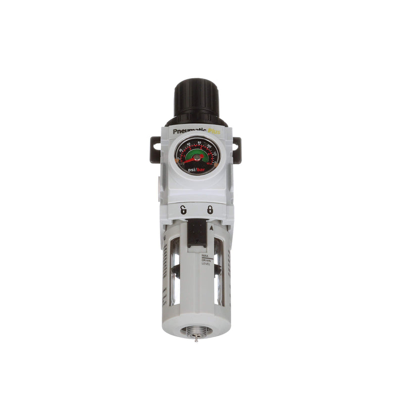 PneumaticPlus PPP2-N02BG Miniature Air Filter Regulator Piggyback Combo 1/4" NPT - 5 Micron, Poly Bowl, Manual Drain, Embedded Gauge 1/4" NPT - Poly Bowl, Manual Drain