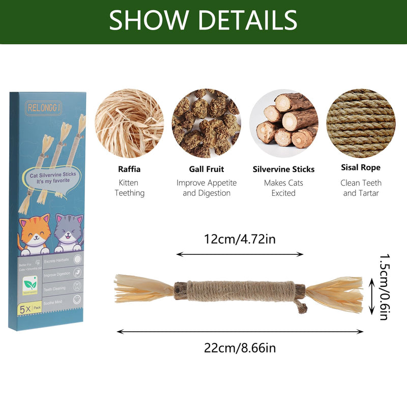 5 PCS Silvervine Sticks for Cats - Natural Cat Chew Toys for Teeth Cleaning, Kitten Teething & Aggressive Chewers 5 Pack
