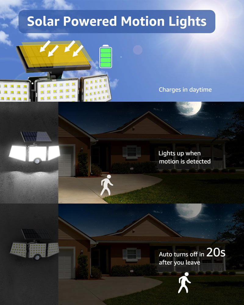 LE Solar Lights for Outside, Solar Lights Outdoor with Motion Sensor, WL4000 High Brightness, 3 Adjustable Heads 270° Wide Lighting Angle, IP65 Waterproof, Wireless Wall Lamp for Yard Garage, 2 Packs