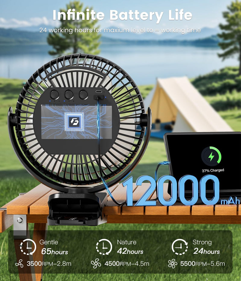 8-inch Clip-on Fan - 12000mAh Portable Rechargeable Battery With 3 Speeds and Strong Airflow, USB Small Desk Personal Quiet for Office, Stroller, Bedroom and Camping Black-12000mah