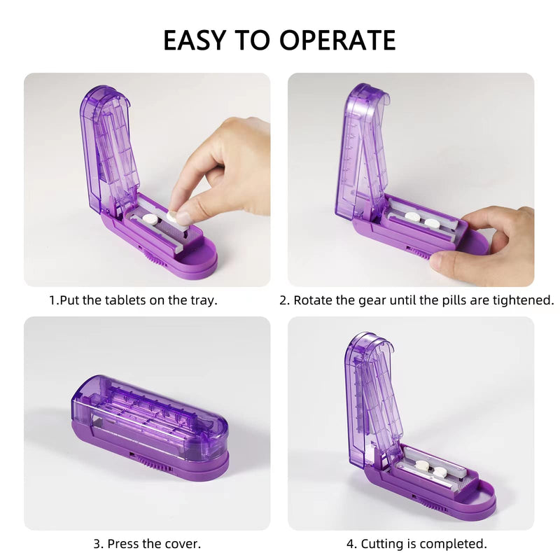 Pill Cutter Splitter for Small and Tiny Pills, Adjustable Pill Cutters for Small Tablets, Accurately Cuts Multiple Pills at Once (Sharp Blade with Safety Guard,Non-Slip Silicone Edge) Purple