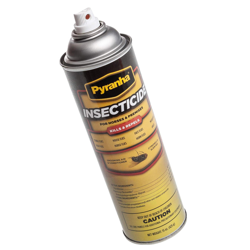 PYRANHA Insecticide Aerosol Fly Spray for Horses – 15 oz Oil-Based Spray with Citronella, Kills & Repels Flies, No-Shake Formula, Adds Show-Ready Shine