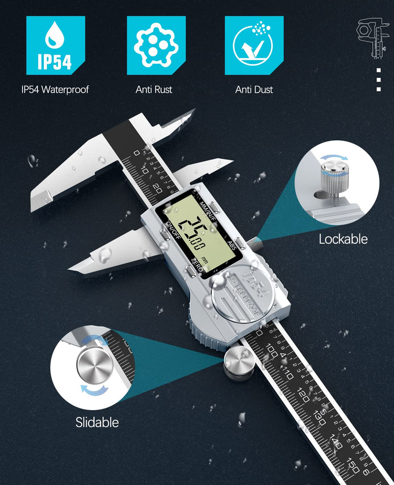 Digital Caliper 6 Inch, (ABS) Absolute Scale Caliper, IP54 Caliper Measuring Tool, Inch/MM/Fraction, Auto-Off LCD Stainless Steel Waterproof Micrometer Vernier Caliper, with Feeler Gauges ABS ABS-150mm