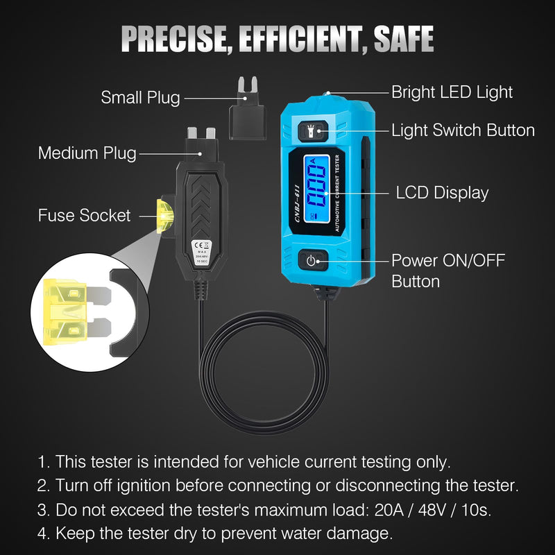 PIFOOG Automotive Circuit Tester Car Test Light with Digital 3v-90v Display, High Precision Auto Fuse Relay Tester Electrical Current Fault Probe Checker Testing Tool LCD Front Lighting Max 20A 48V
