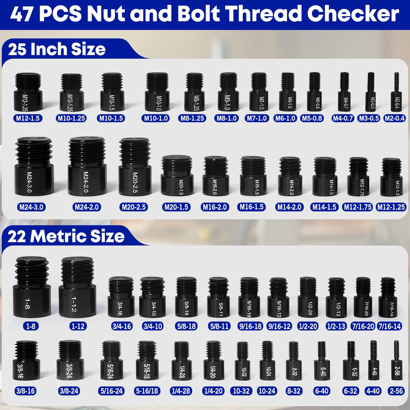 47Pcs Thread Checker, 25 Inch & 22 Metric Nut Bolt Thread Gauge with Storage Case, Accurate Fastener Measuring for Narrow Space, Auto Repair & Mechanical Maintenance