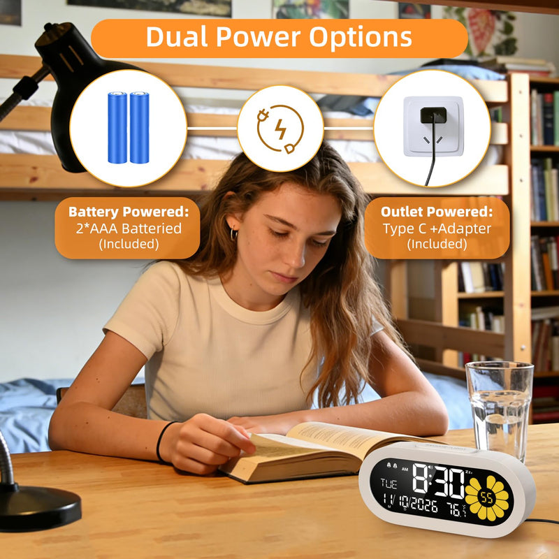 DOOMAY Digital Alarm Clock for Bedroom: Dual Alarm Bedside Clock VA LCD Display with Seconds, 9-Minute Snooze and Weekend Mode, 3 Brightness, 4 Alarms and 3 Volume Levels，Type C & Battery Included White
