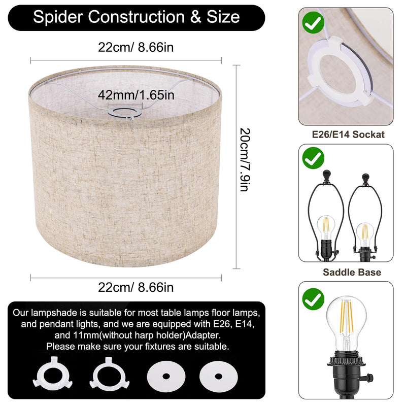 Small Lamp Shade, Beige Drum Lampshade 8.7''Top X 8.7'' Bottom X 7.9'' High, Replacement Lamp Shade Natural Linen Hand Crafted for Table Lamps Floor Lamps Chandelier Lamp, Easy Assembly Required