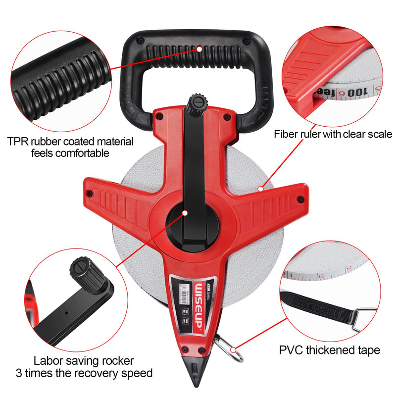 WISEUP 100 Ft Tape Measure Standard and Metric Industrial Long Measuring Tape Fiberglass Engineer's Open Reel Dual Sided Measuring Wheel (100 FT)
