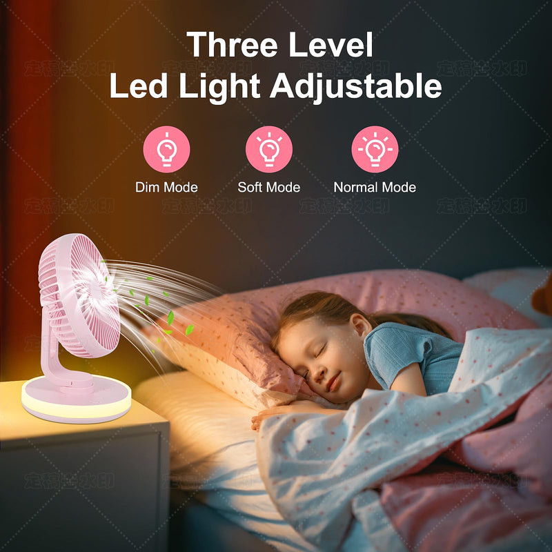 Small Desk Fan With Night Light, Auto Oscillating Table Fan With 3000mAh Rechargeable Battery, USB Personal Fan With 4 Speeds Wind, Adjustable Fan For Home, Office Bedroom, Camping (pink) pink