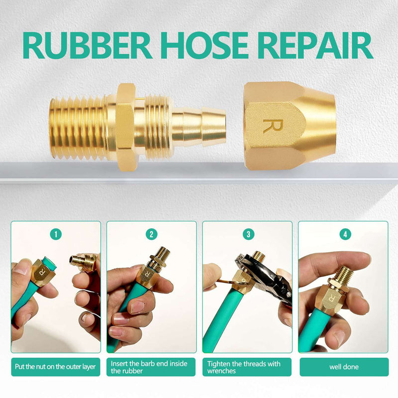 2pcs Premium Solid Brass Pneumatics Reusable Rubber Hose-End Repair Fitting, 3/8" Barb For 3/8-Inch ID Rubber Air Hose With 1/4" NPT Rubber 3/8X1/4 MNPT 2