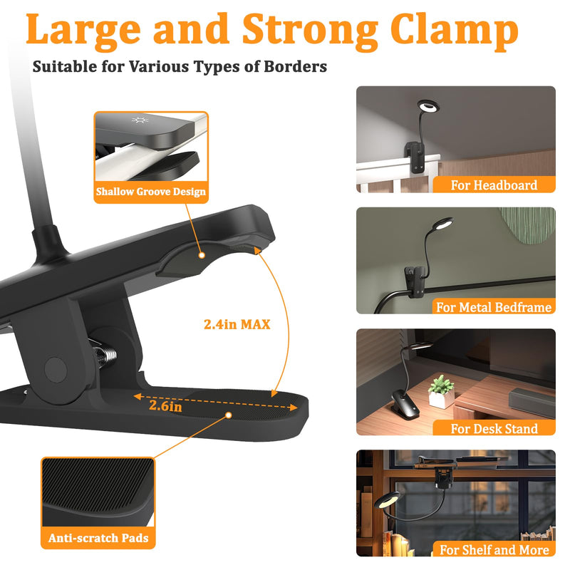 Clip on Light Rechargeable with Large Clamp, Battery Operated Bed Headboard Reading Lamp - 5 Colors 5 Brightness, Flexible Arm Book Light at Night for Kids Desk Bunk Metal Bed Frame (Black) 1Pack Black