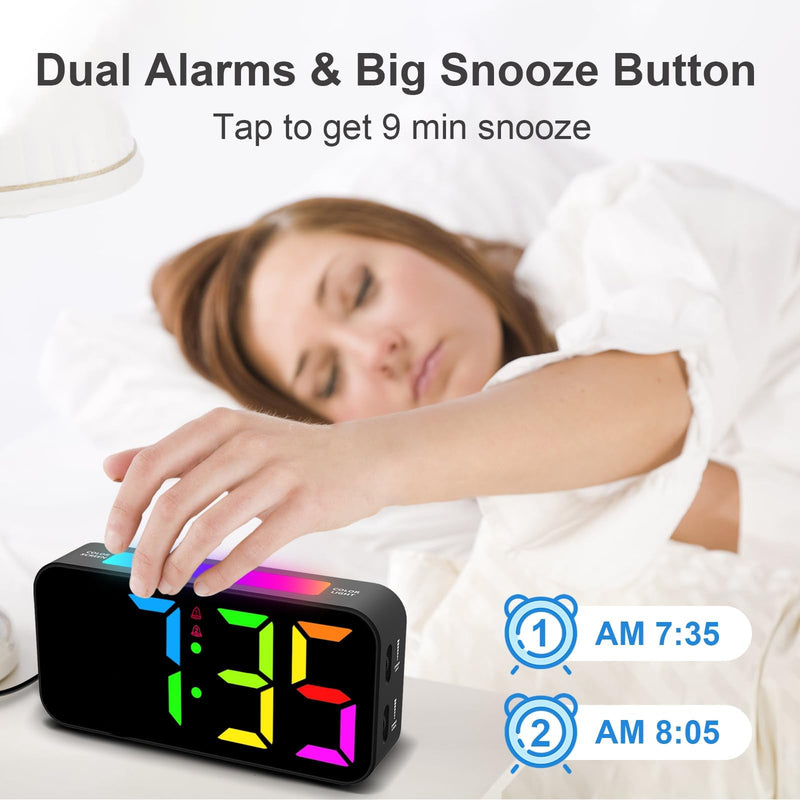 Loud Alarm Clocks for Bedrooms Heavy Sleepers, Plug-in Digital Bedside Clock with Night Light, Large Display, Dual Alarm, Snooze, Dimmable for Kids Teens Boys Girls Rgb